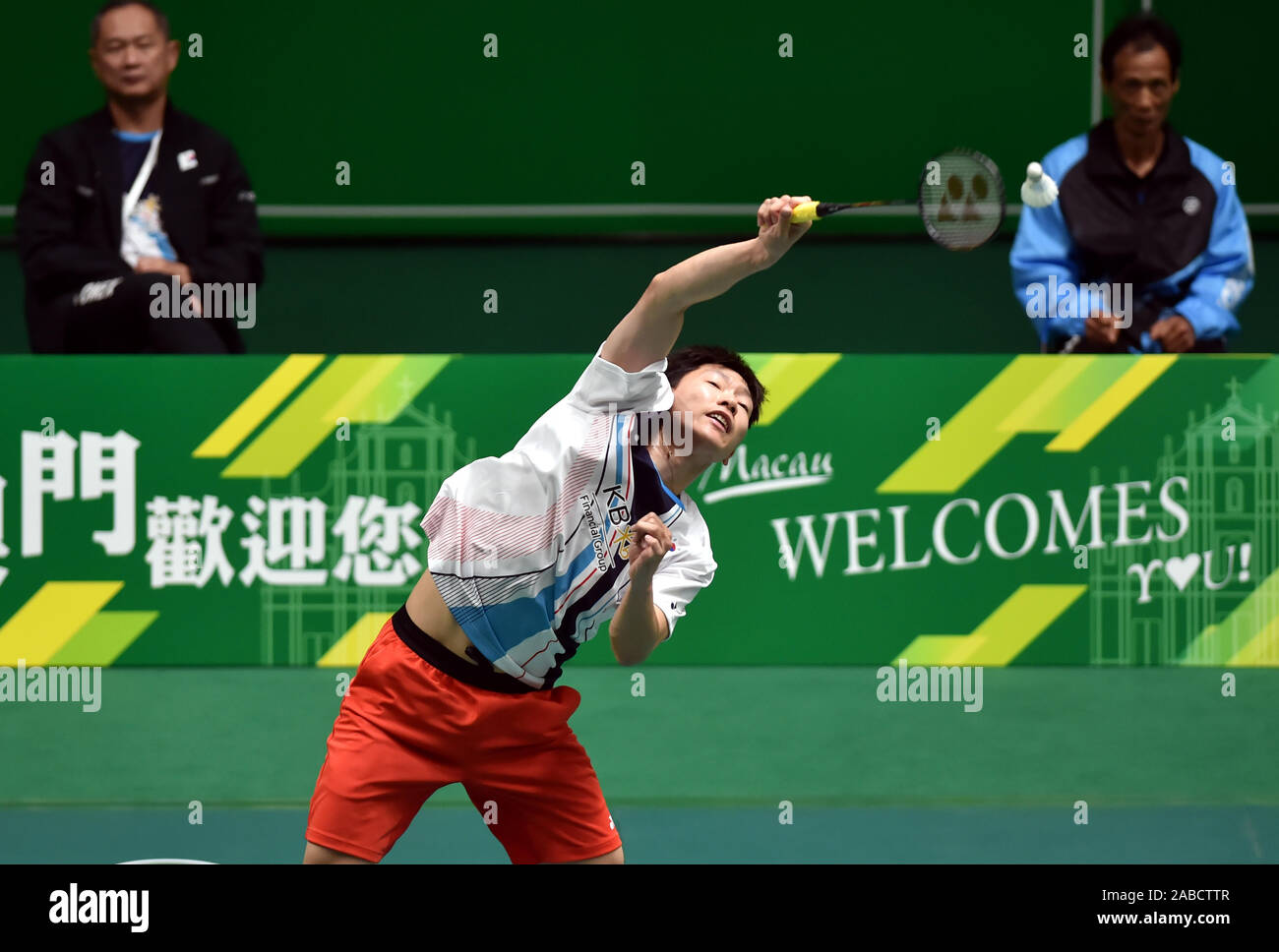 Lee Dong-keun de Corée du Sud est en concurrence contre Juin Cheam Wei de la Malaisie à Macao Ouvrir de Badminton 2019 administrative de Macao, en r Banque D'Images
