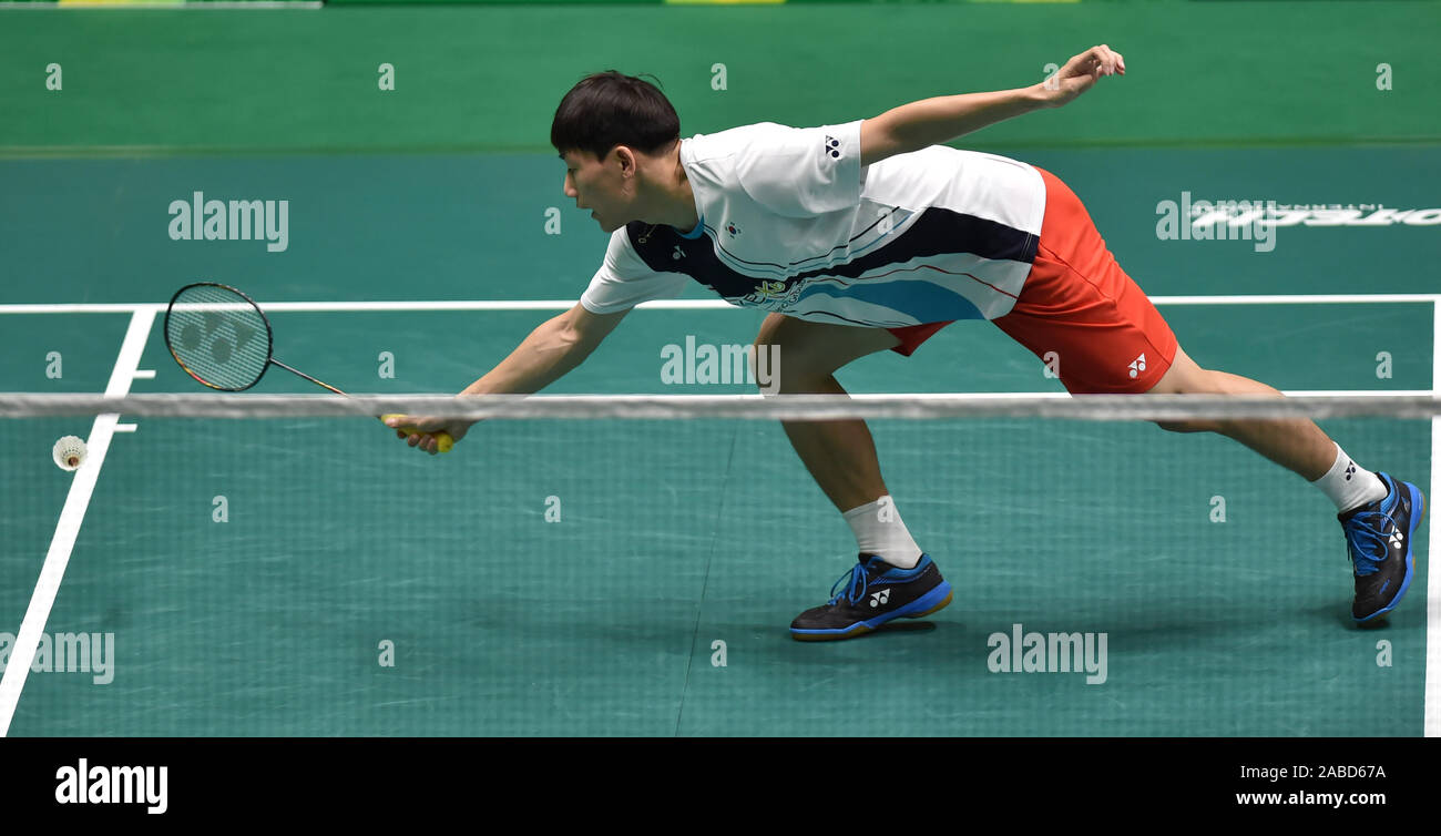 Lee Dong-keun de Corée du Sud est en concurrence contre Juin Cheam Wei de la Malaisie à Macao Ouvrir de Badminton 2019 administrative de Macao, en r Banque D'Images