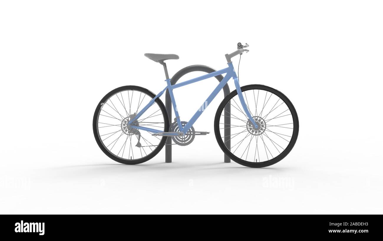 Le rendu 3D d'une voiture garée sur un vélo contre poteau rond isolé Banque D'Images