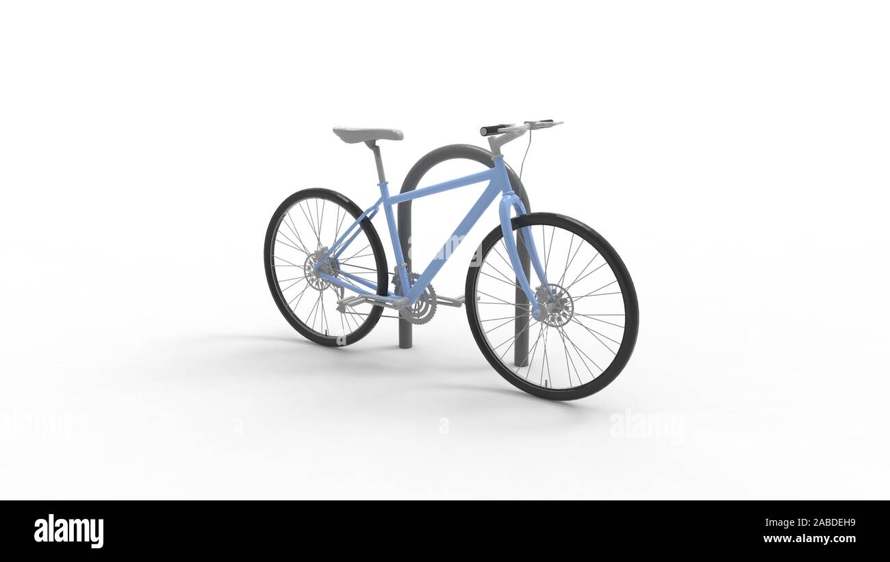 Le rendu 3D d'une voiture garée sur un vélo contre poteau rond isolé Banque D'Images