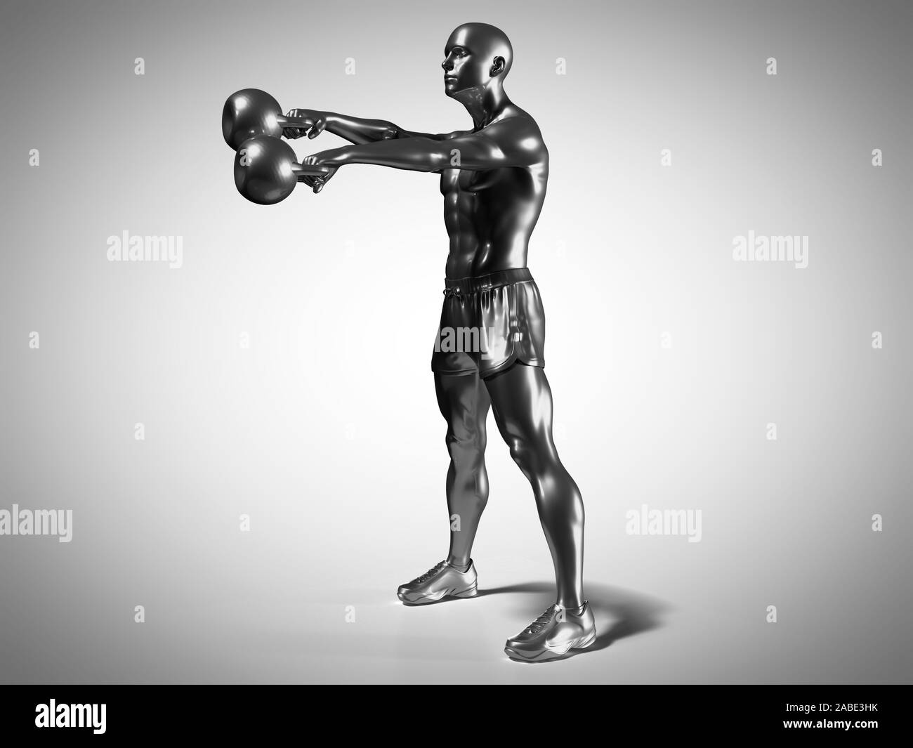 Médicalement en rendu 3d illustration d'un précise metallic man faisant un kettlebell workout Banque D'Images
