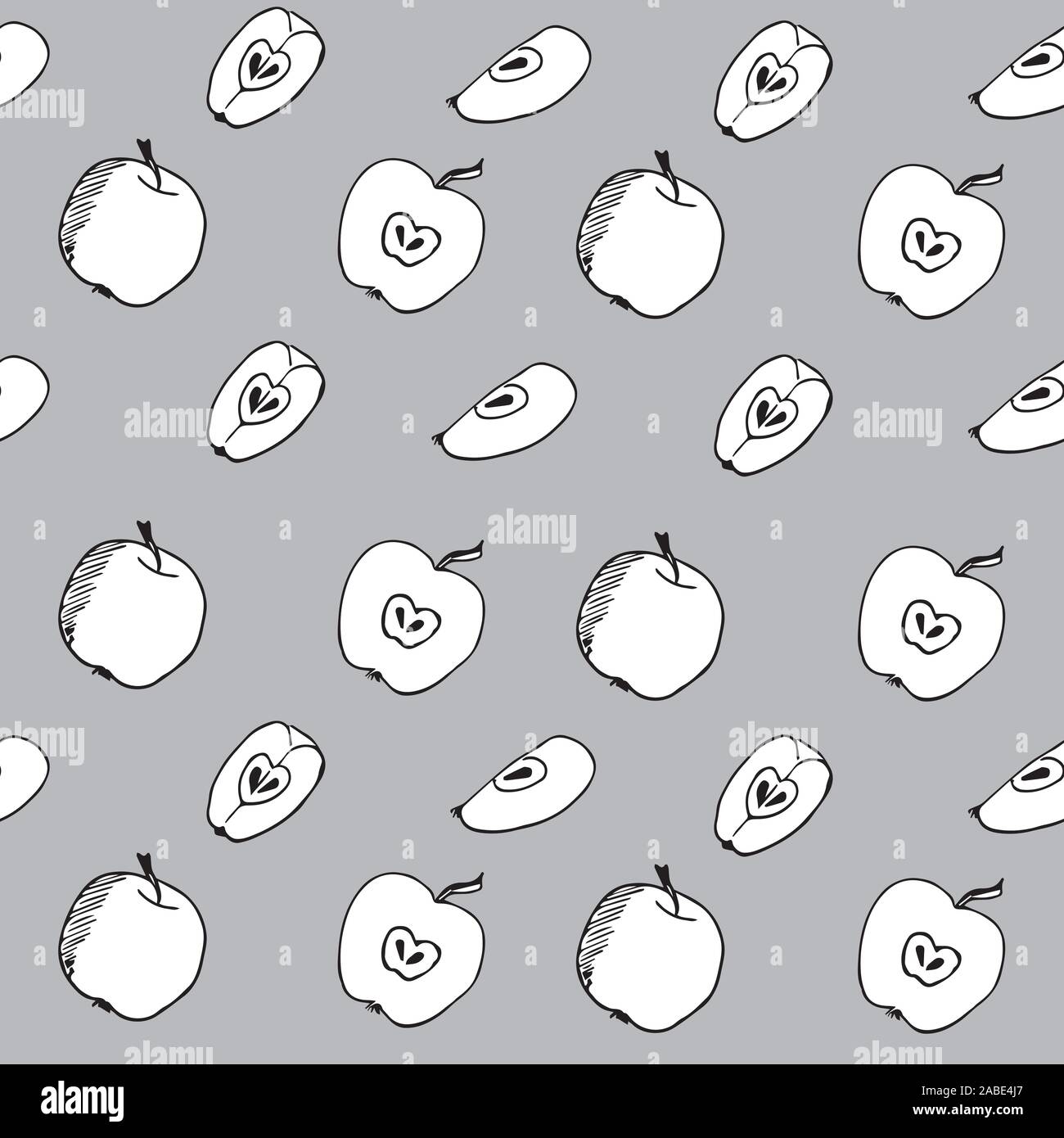 Modèle logique - pommes entières croquis et des tranches de pomme sur un fond gris. Illustration de Vecteur