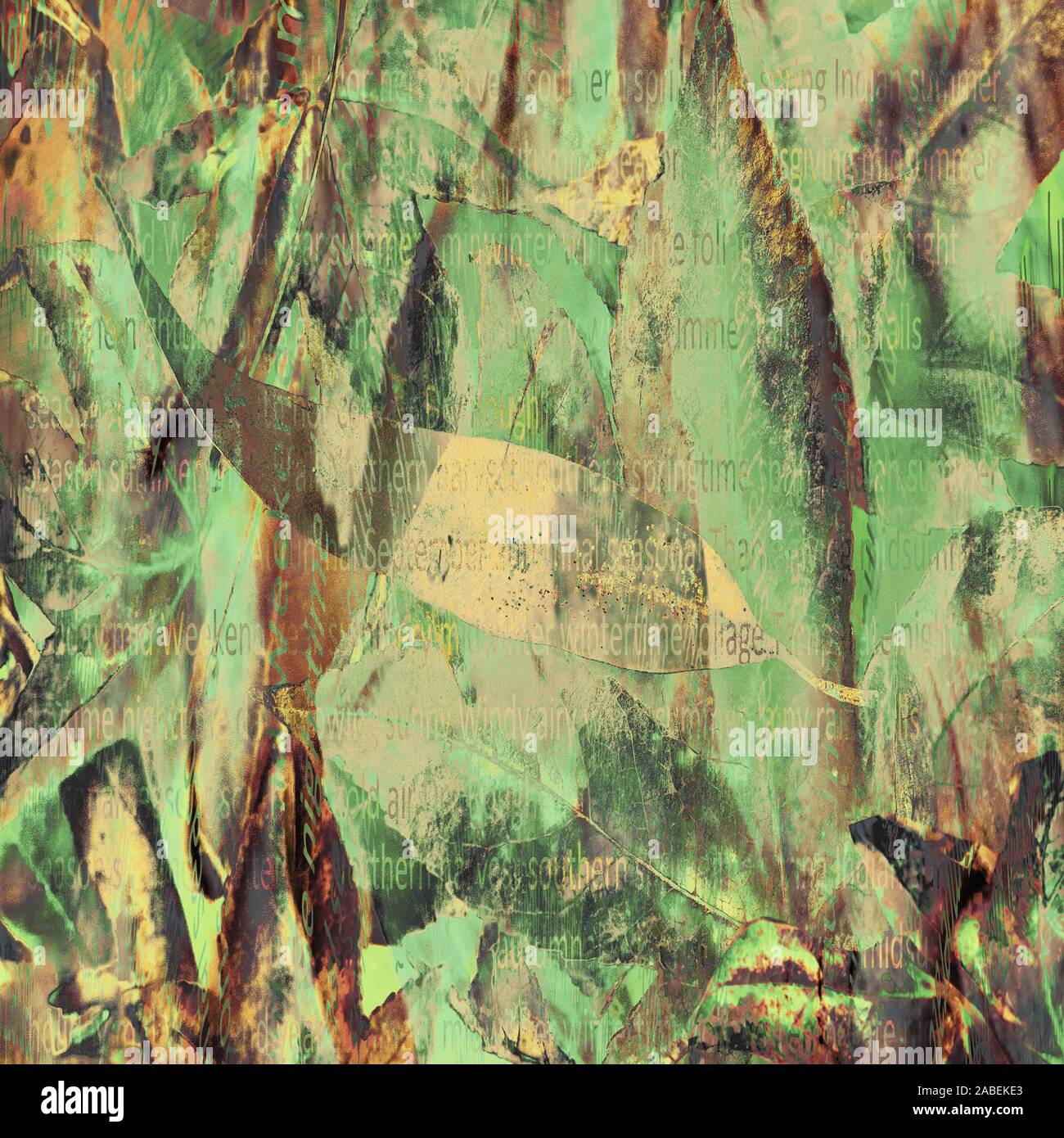 La texture numérique rustique vintage. Les feuilles d'automne collage avec mentions légales mots sur papier. Toile de vœux. Abstract grunge collection paper. Banque D'Images