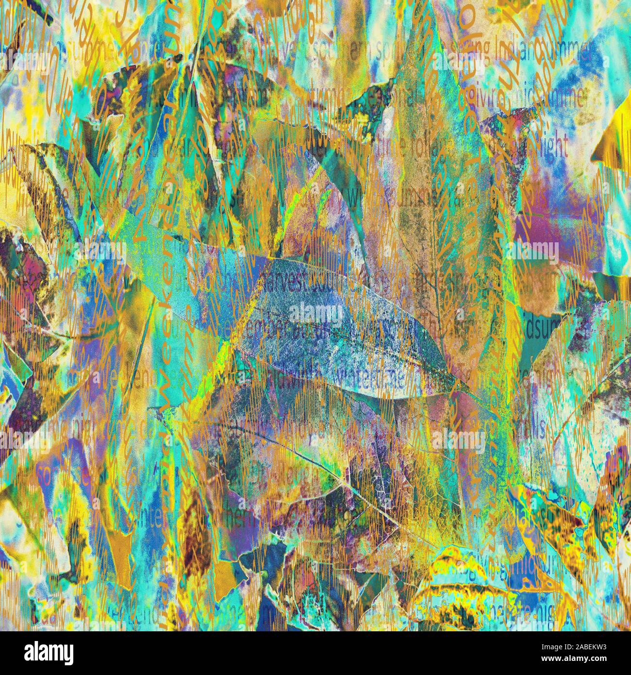 La texture numérique rustique vintage. Les feuilles d'automne collage avec mentions légales mots sur papier. Toile de vœux. Abstract grunge collection paper. Banque D'Images