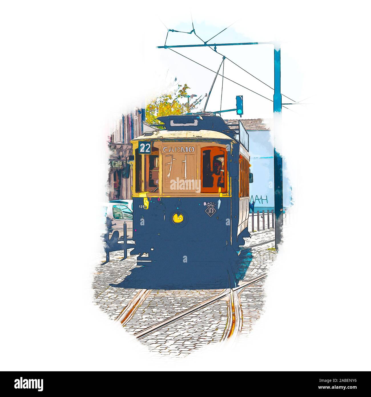 Amélioration de l'image numérique d'un style ancien tramway du patrimoine à la place Batalha (Praca da Batalha) dans se département de Porto, Portugal Banque D'Images