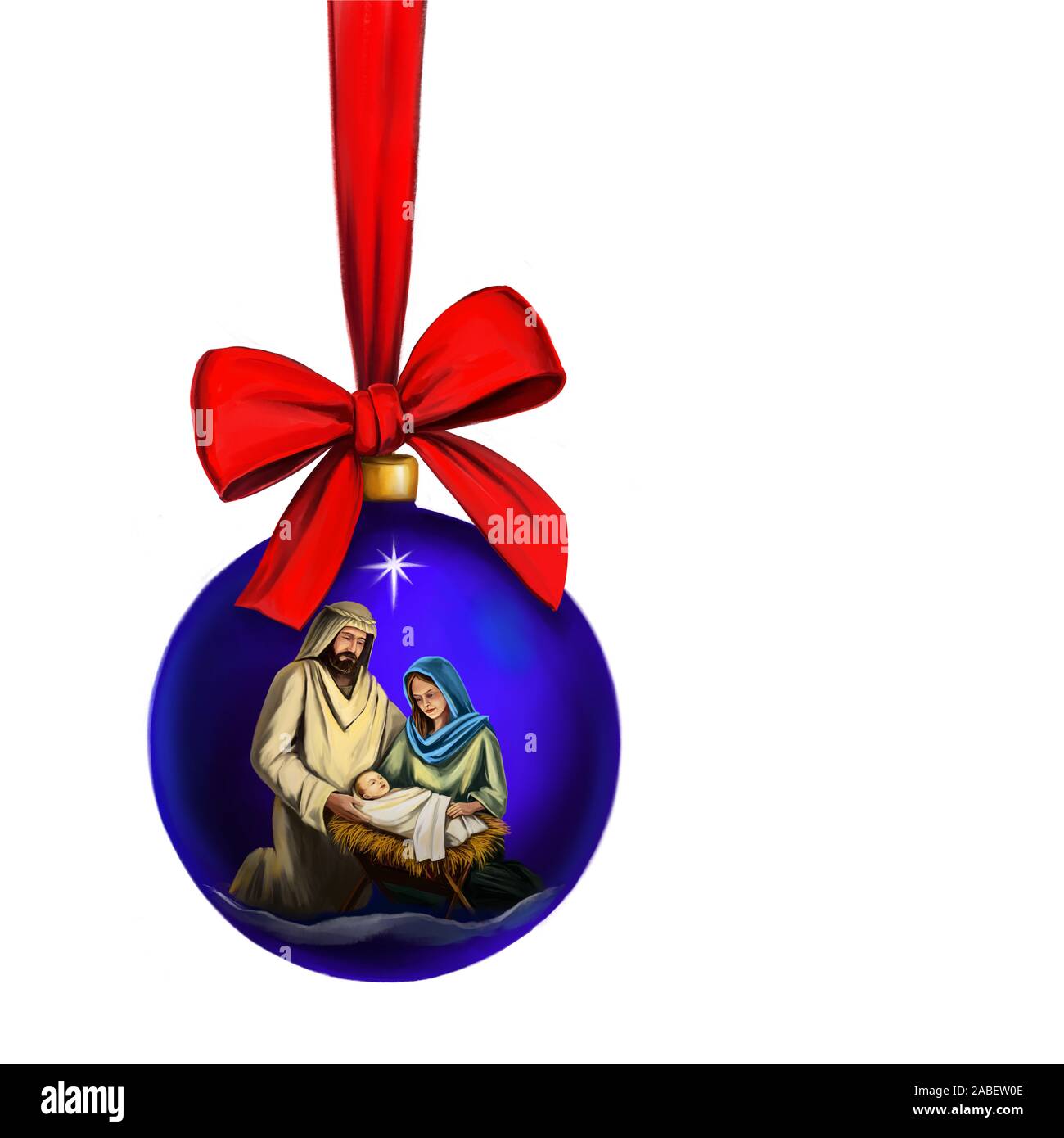 Histoire de Noël. La nuit de Noël, Marie, Joseph et l'enfant Jésus, Fils de Dieu , décoration de Noël jouet avec arc rouge isolé sur fond blanc, ar Banque D'Images