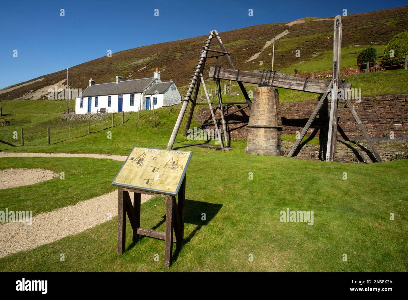 Wanlockhead Beam Engine pour pomper de l'eau de la mine StraitSteps, le seul moteur de poutre original alimenté en eau restant au Royaume-Uni Banque D'Images