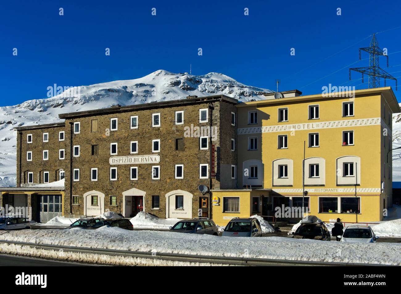 Hôtel Albergo Ospizio Bernina, Bernina, en hiver sur le col de la Bernina, Engadine, Grisons, Suisse Banque D'Images