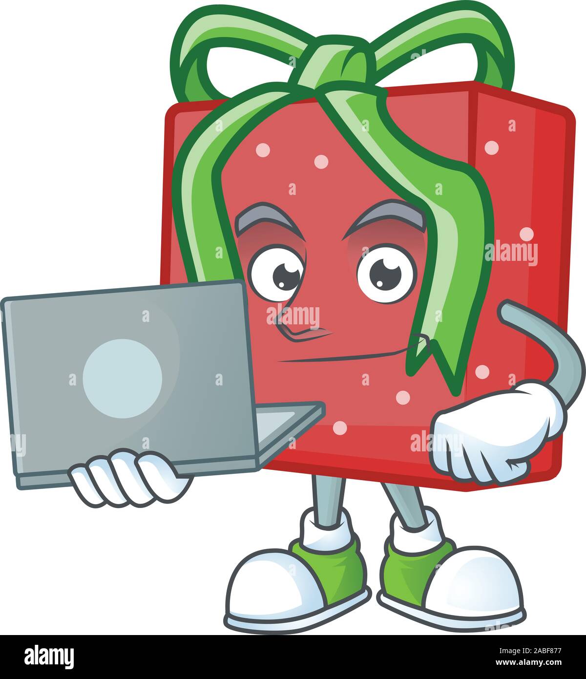 Happy smiling red gift box personnage travail avec ordinateur portable Illustration de Vecteur