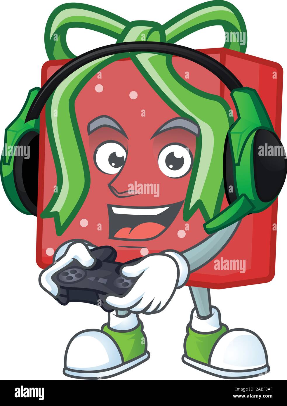 Boîte cadeau rouge joueur personnage avec casque et contrôleur Illustration de Vecteur