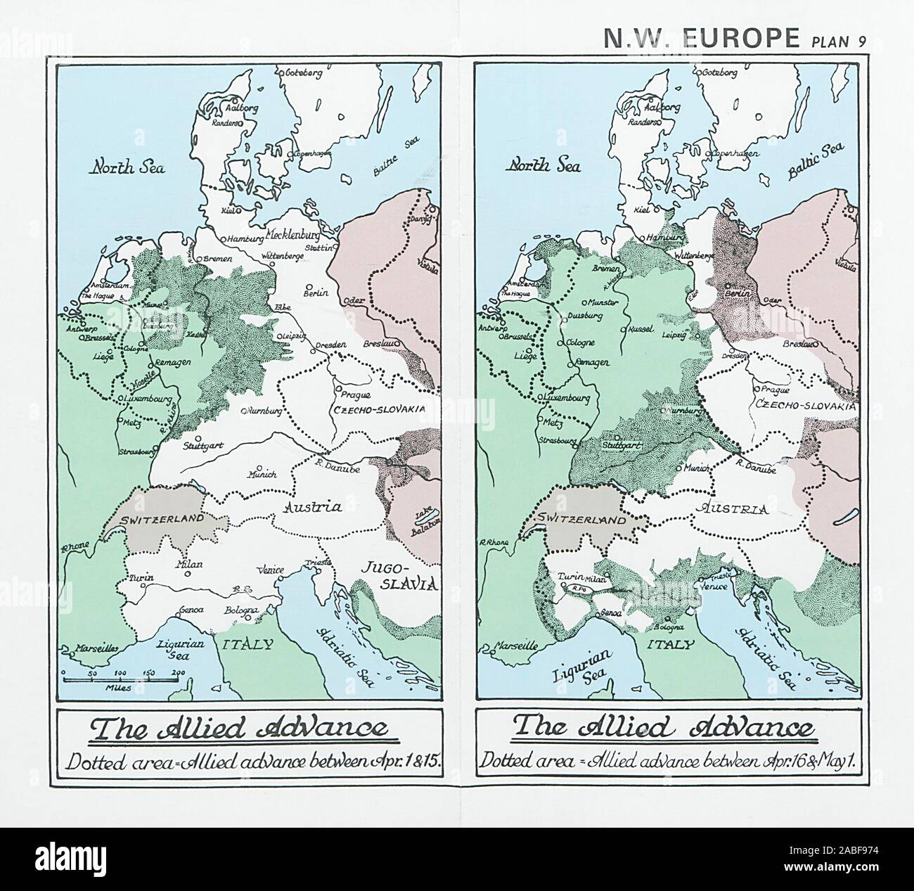 L'avance des Alliés, avril 1945. Défaite de l'Allemagne. La Deuxième Guerre Mondiale 1994 Ancien site Banque D'Images