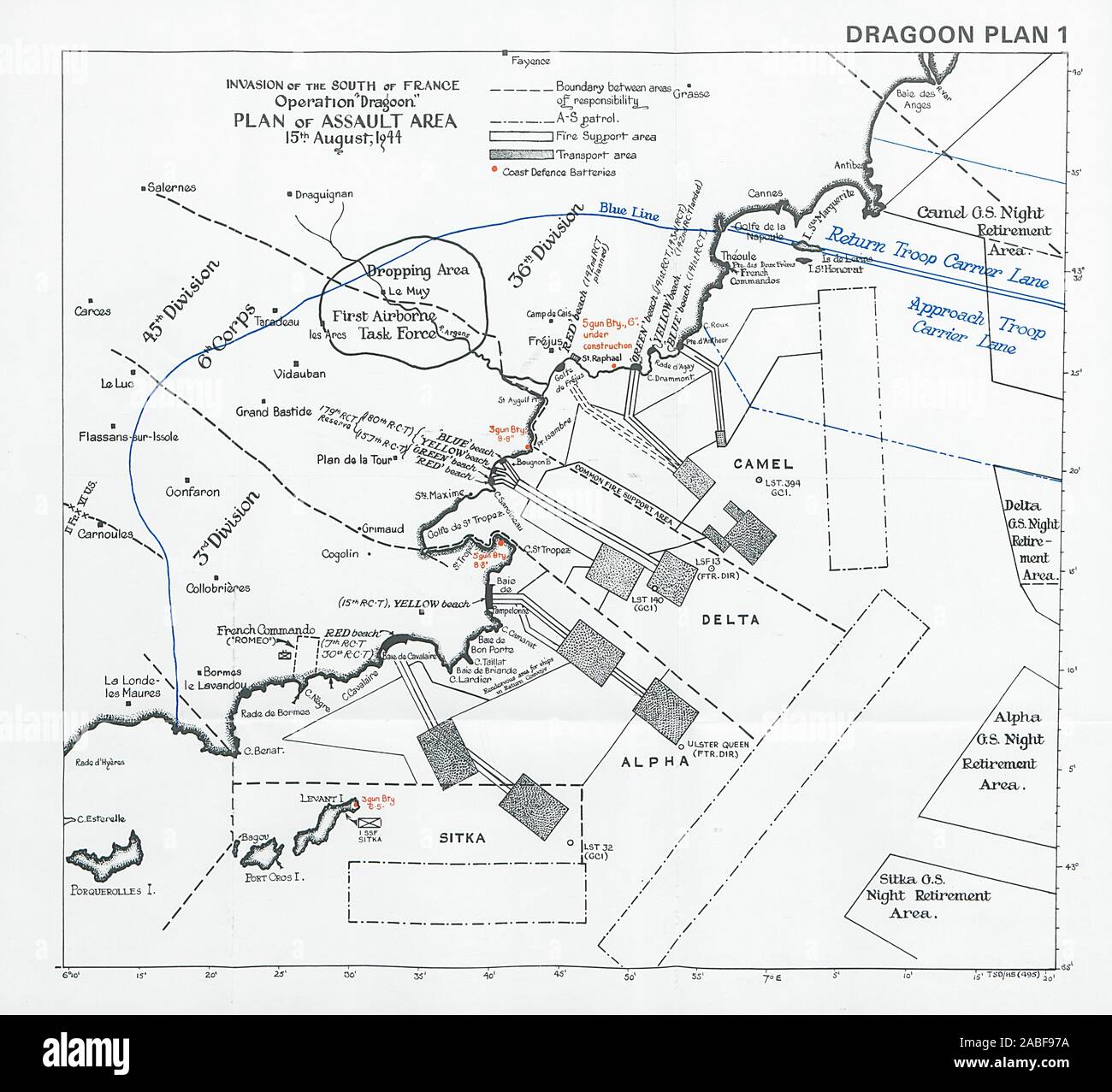 L'invasion du sud de la France. L'opération Dragoon 15/8/1944 St Tropez 1994 voies de la carte Banque D'Images L'invasion du sud de la France. L'opération Dragoon 15/8/1944 St Tropez 1994 voies de la carte Banque D'Images