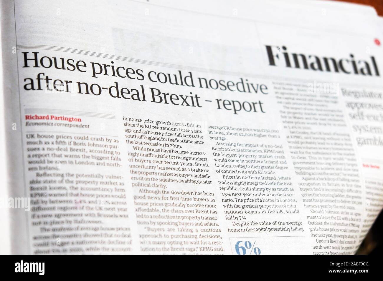'Prix des maisons pourrait tomber après no-deal Brexit' rapport financier journal The Guardian Londres Angleterre Royaume-uni global page 2 Septembre 2019 Banque D'Images