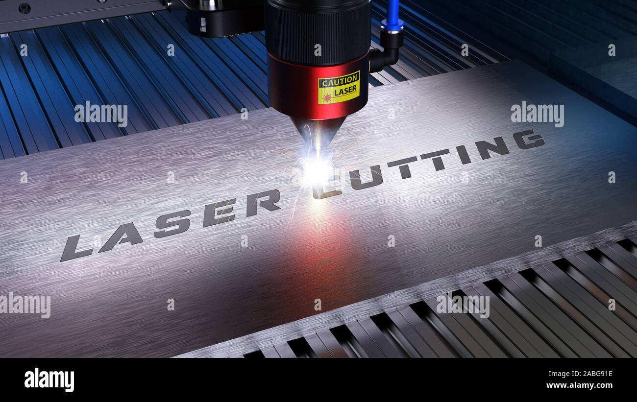 L'usinage de métaux avec des étincelles sur la gravure au laser CNC  maching. Le rendu 3D Photo Stock - Alamy