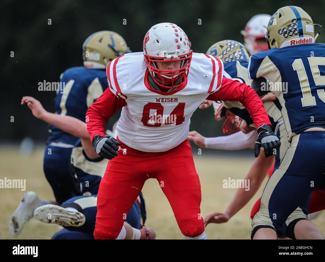 L'action de football avec Weiser vs Timberlake à Spirit Lake, New York. Banque D'Images