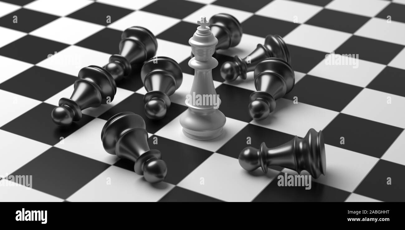 Concept gagnant, échecs et mat. Roi d'échecs couleur blanc debout, les pions noirs vers le bas, l'arrière-plan en échiquier. 3d illustration Banque D'Images