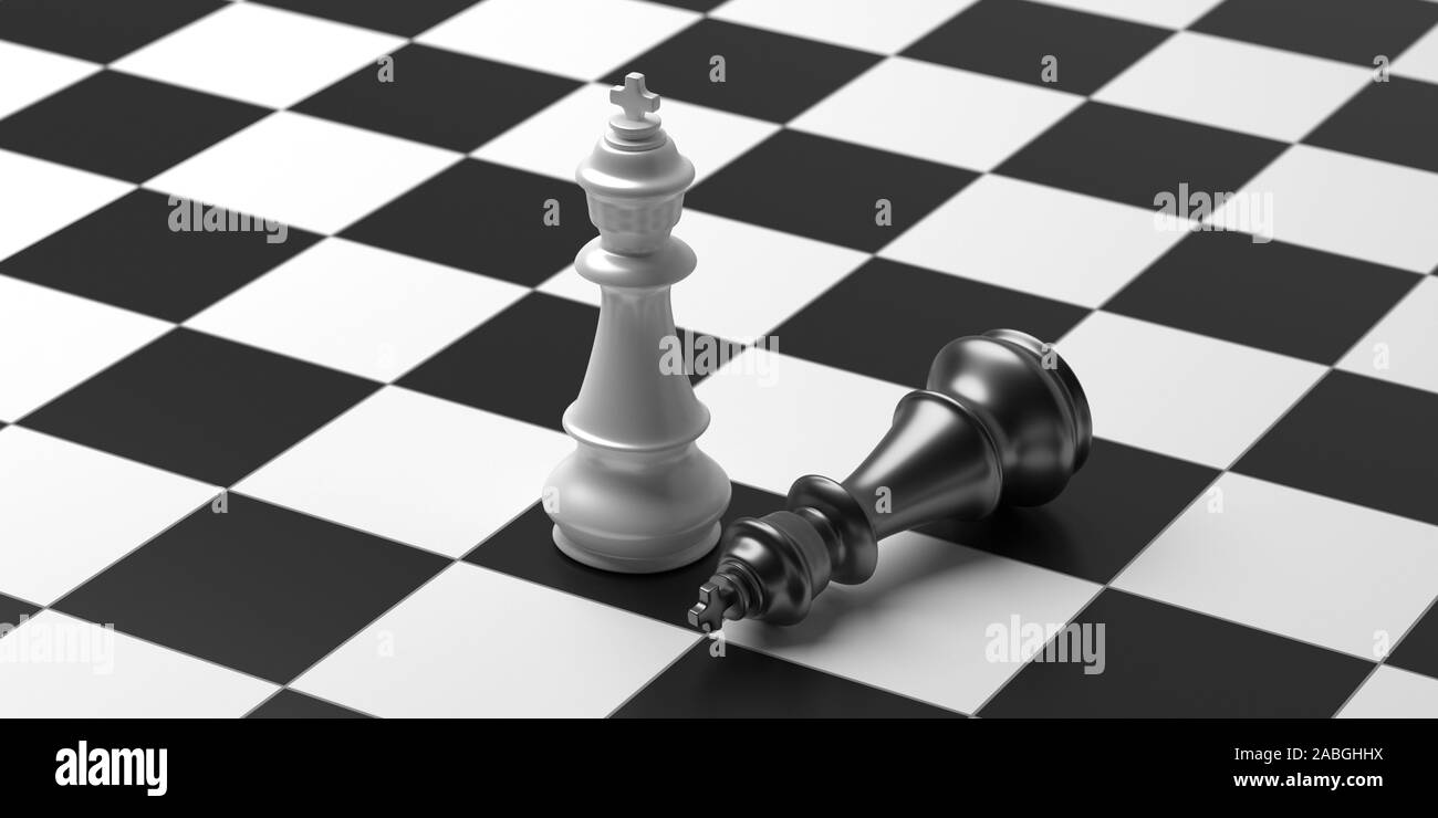 Concept gagnant, échecs et mat. Roi d'échecs couleur noir debout, roi blanc vers le bas, l'arrière-plan en échiquier. 3d illustration Banque D'Images