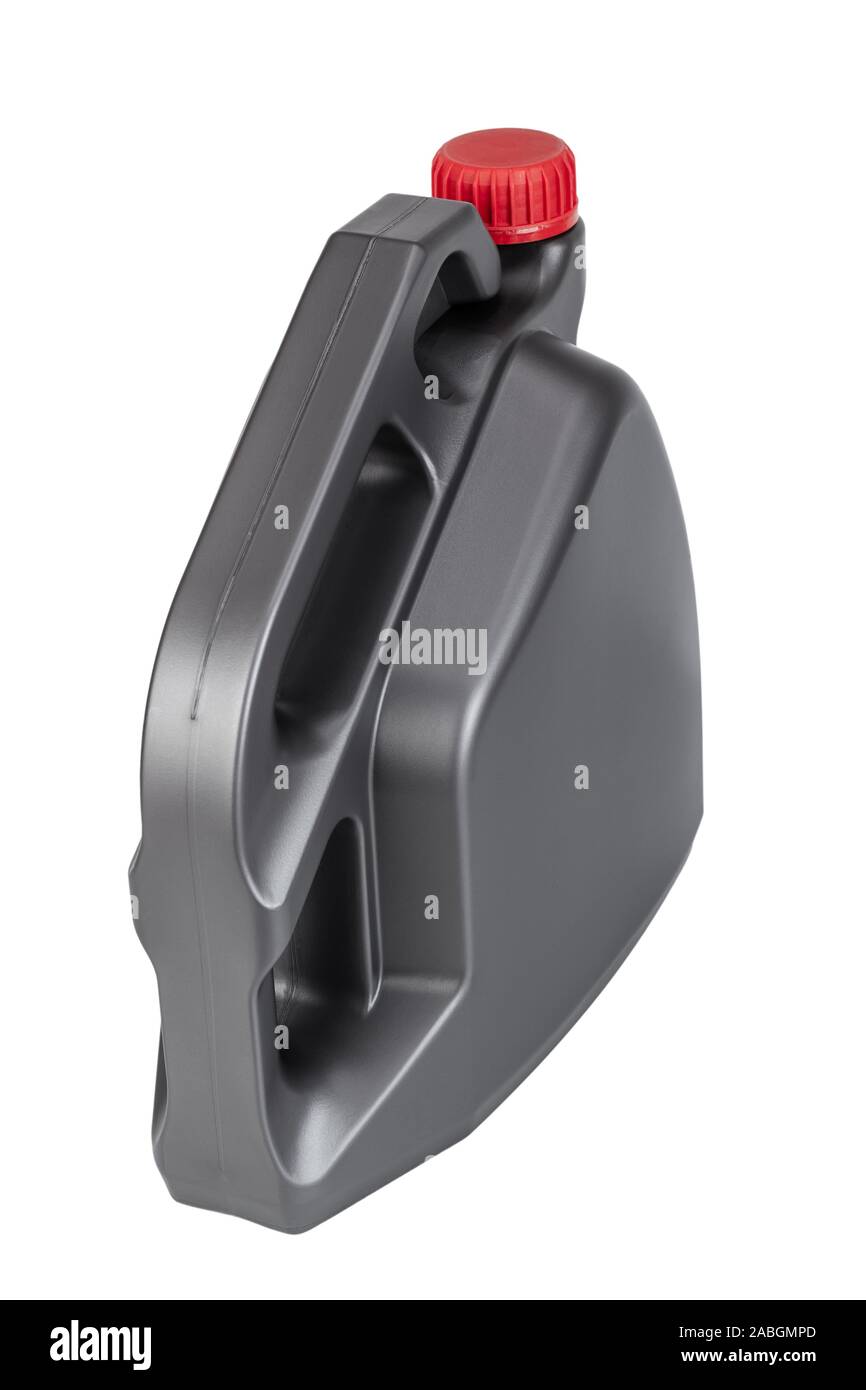 Cartouche en plastique gris avec de l'huile machine isolé sur fond blanc Banque D'Images