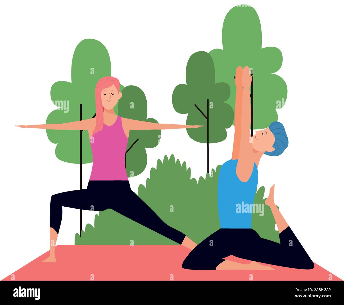 Young man and woman practicing yoga à l'extérieur Illustration de Vecteur