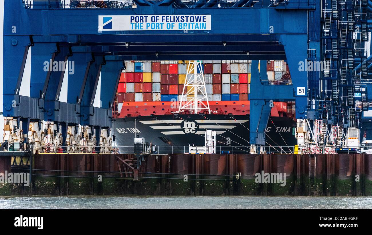 British Container Port - Commerce britannique au port de Felixstowe - MSC Tina décharge les conteneurs au port de Felixstowe. Banque D'Images