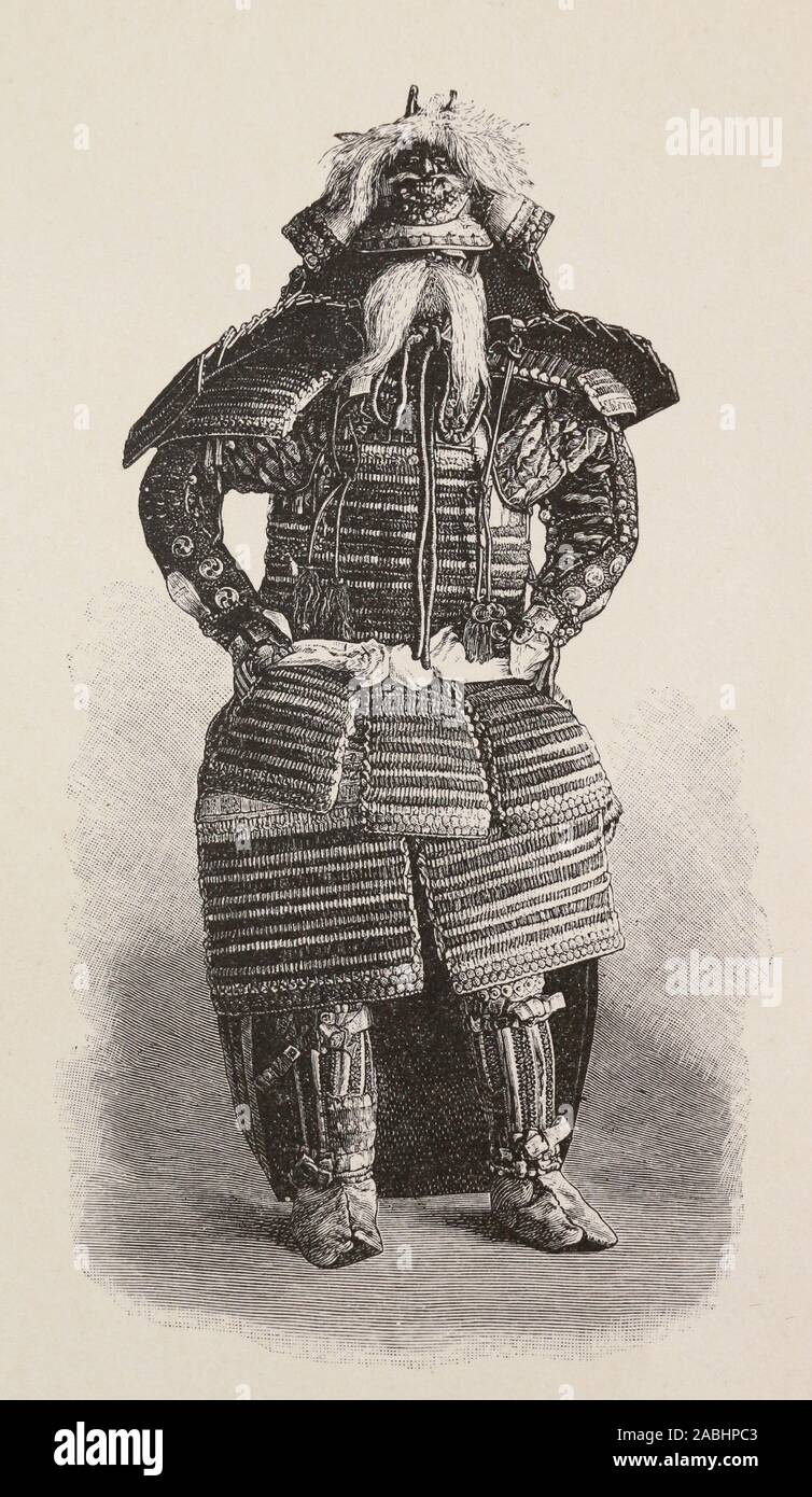 Vieilles armes japonaises d'une formidable image sur le pare-soleil. Gravure du xixe siècle. Banque D'Images