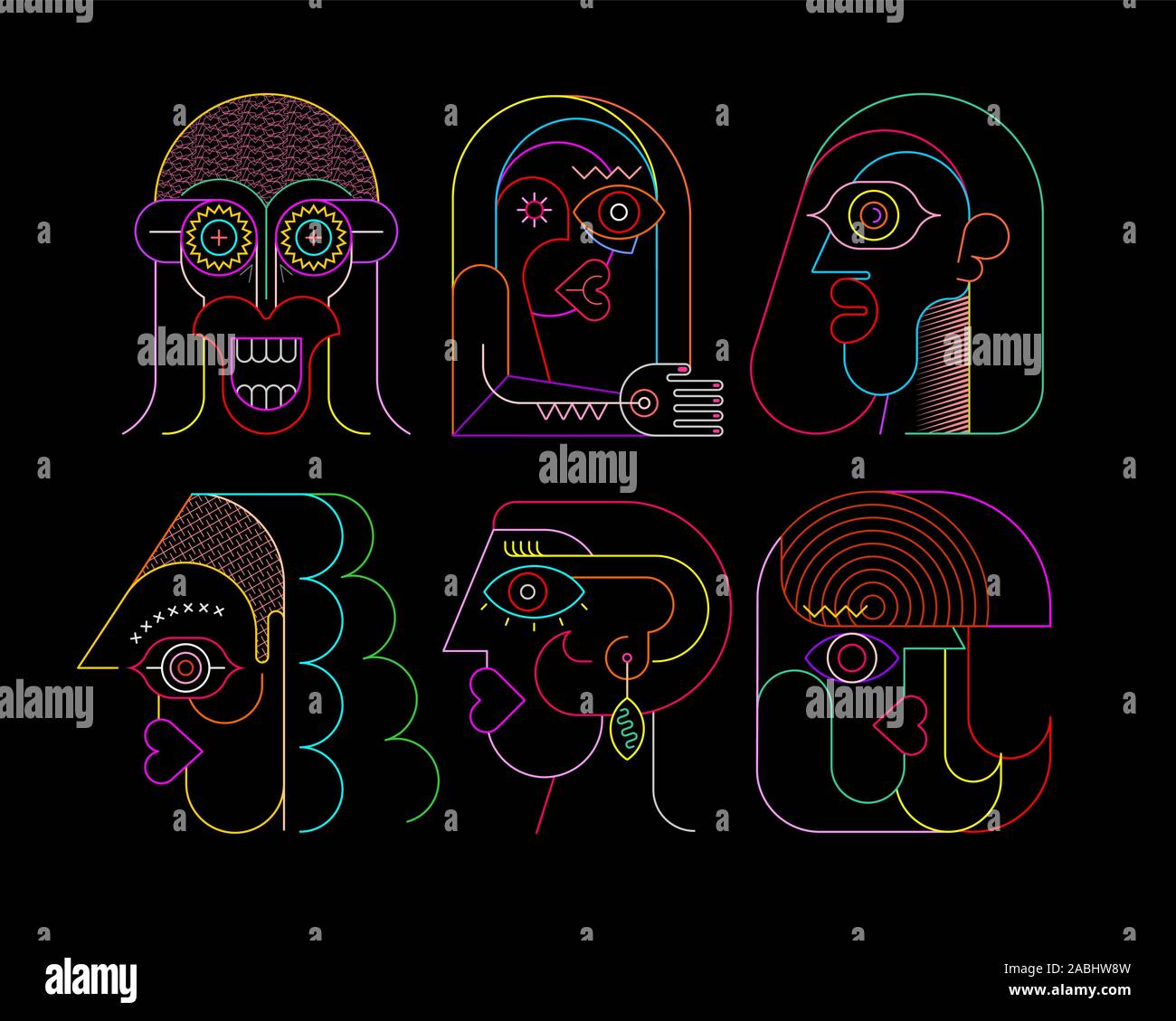 Les couleurs néon sur fond noir six faces vector illustration. Composition de six différents portraits abstraits. Illustration de Vecteur