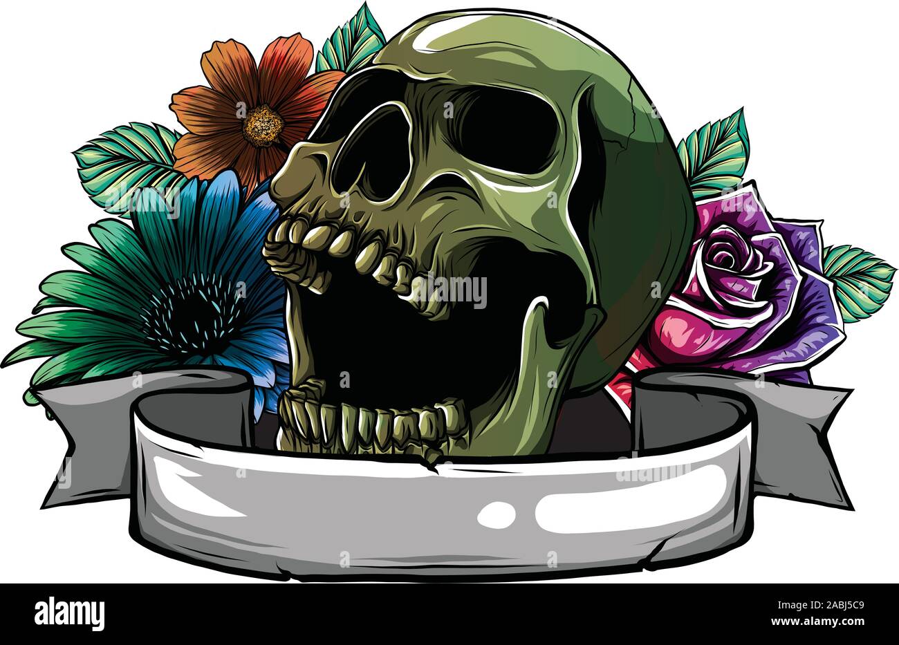 Crâne. Silhouette crâne Hipster avec moustache et apparaissait dans les dents avec ruban et bouquet de roses sur un fond. Illustration de Vecteur