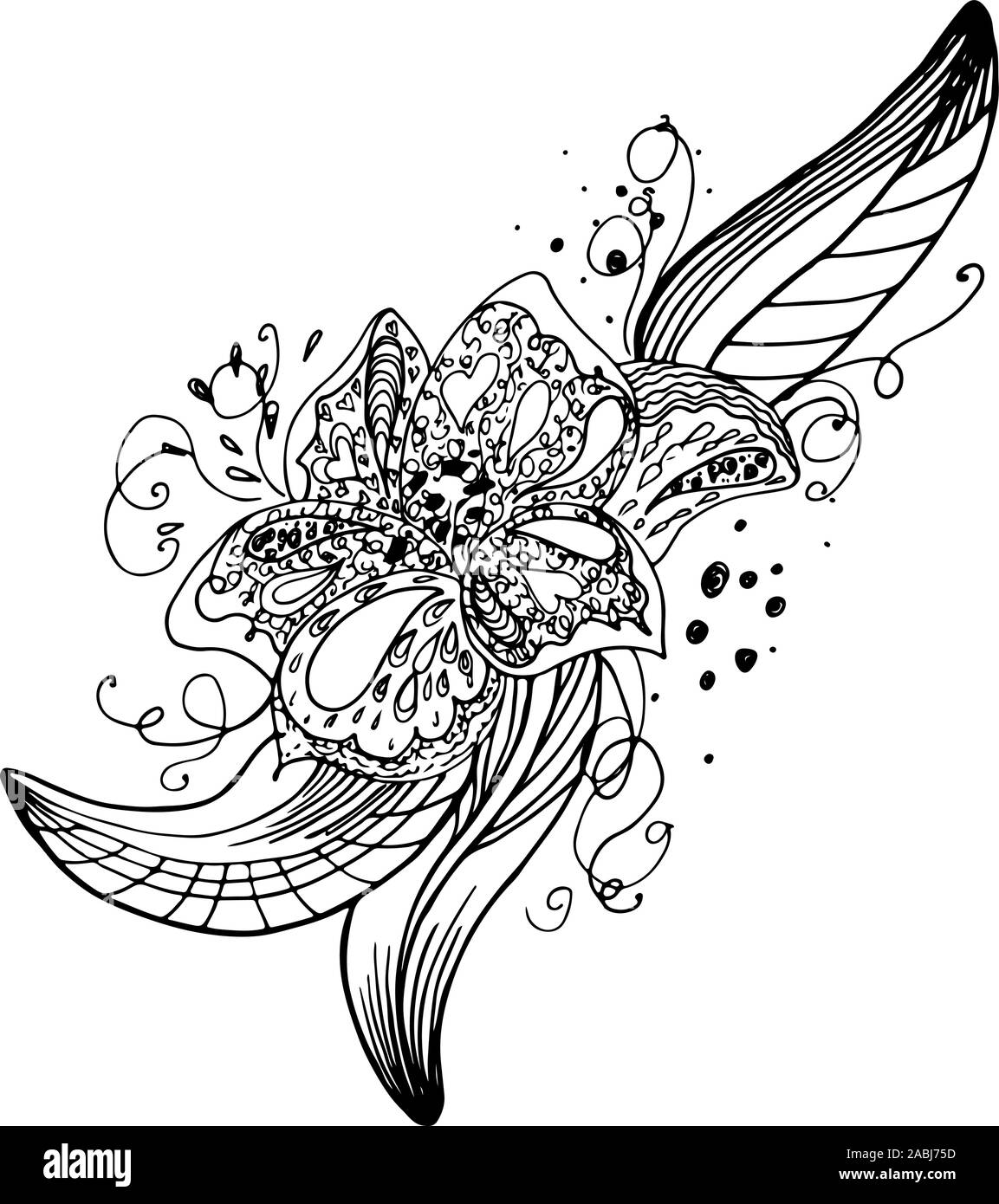 Dessinés à la main, gravée abstract orchid. Fleurs rétro contour main orchidée, grande conception pour tout usage. Contours vecteur. Arrière-plan de la nature. Scieries de pla Illustration de Vecteur