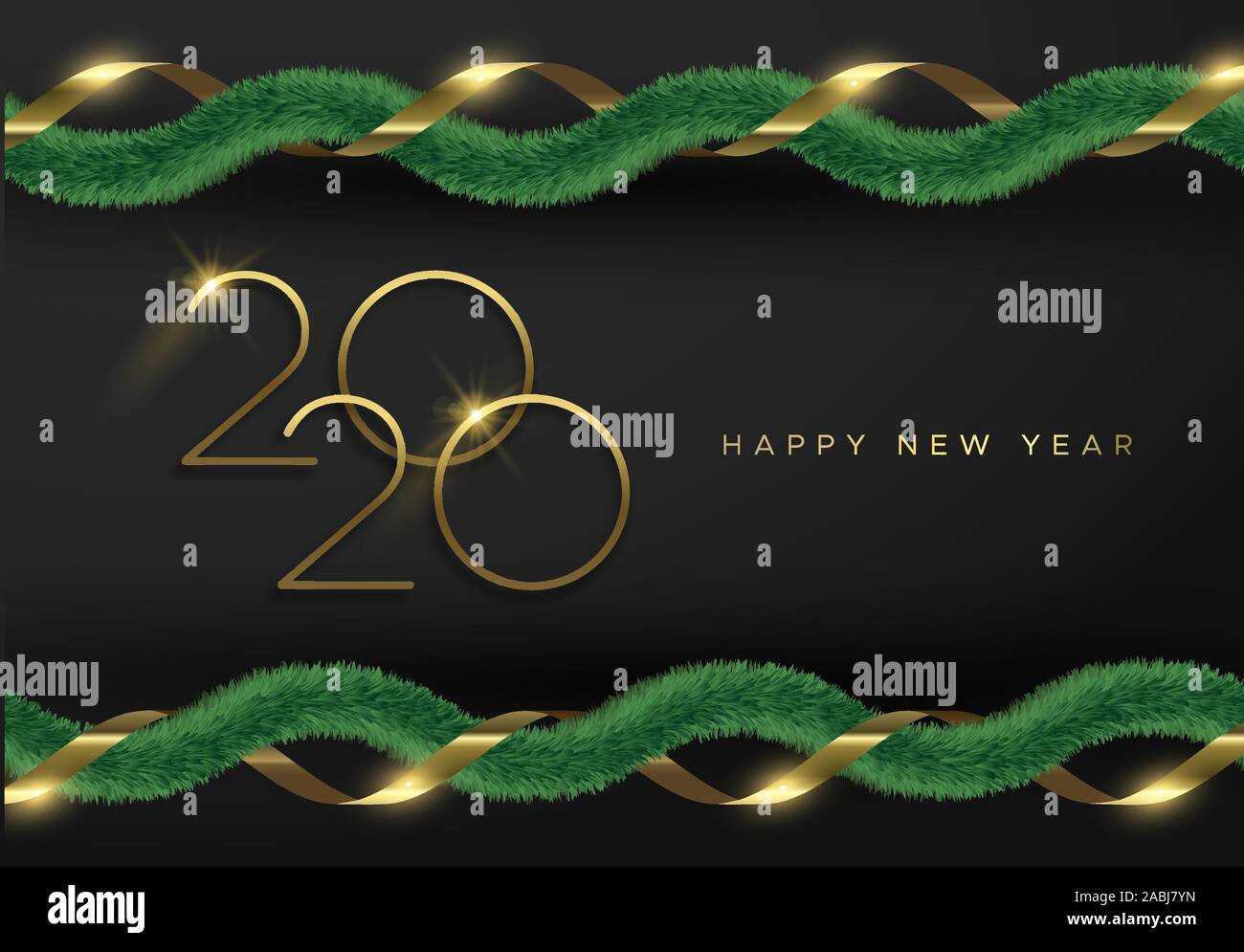 Bonne année 2020, bannière web symbole numéro du ruban d'or avec 3D réaliste et pine tree garland sur fond noir. Illustration de Vecteur