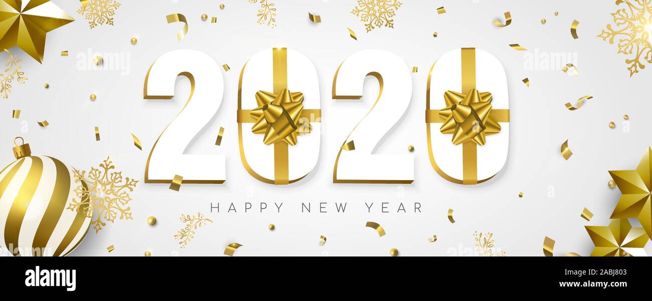 Bonne Année Les bandeaux web, 3d 2020 avec numéro de boîte-cadeau or ruban. Confettis, décorations de Noël et des flocons sur fond blanc. Illustration de Vecteur