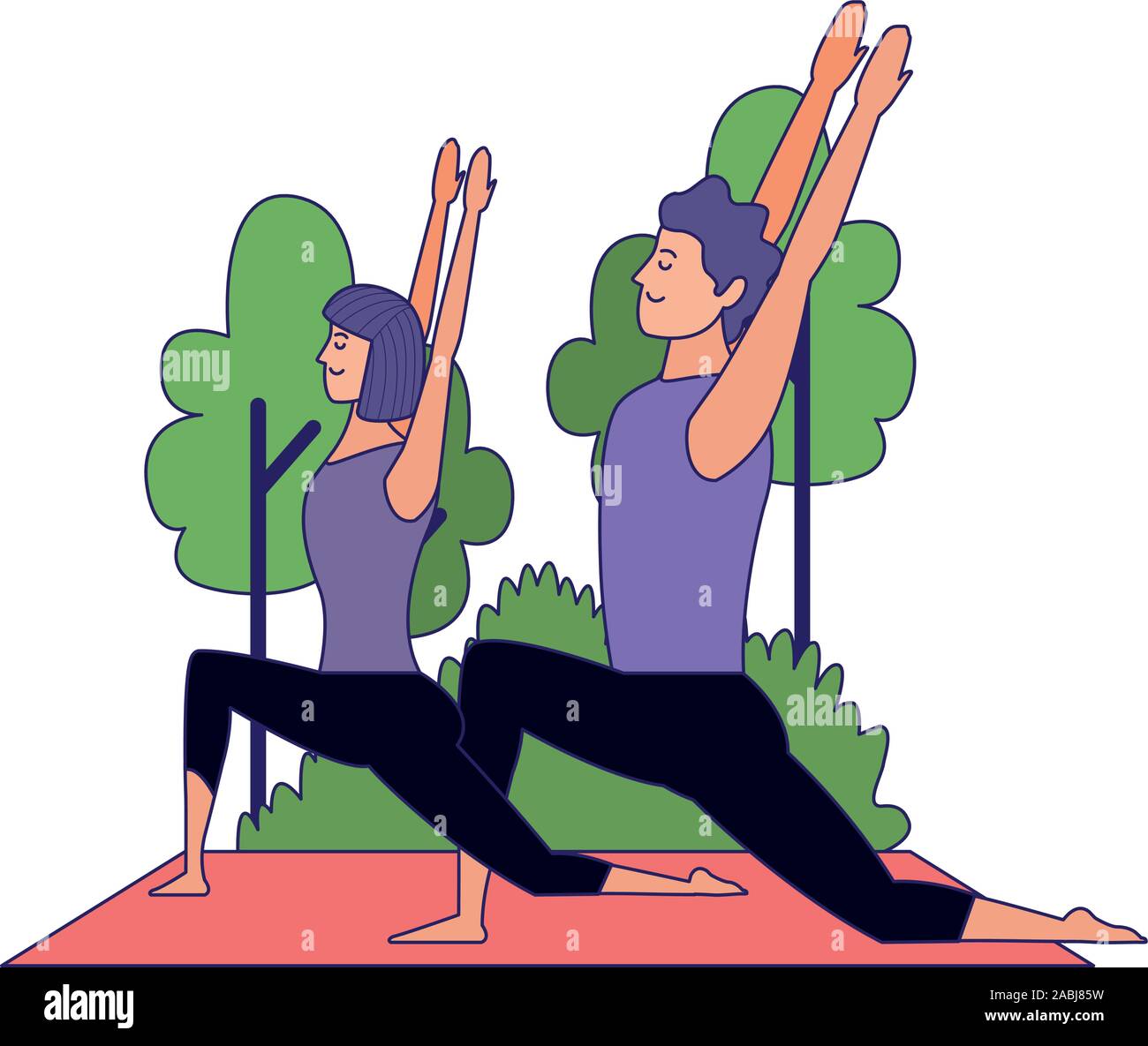 Jeune couple practicing yoga pose à l'extérieur Illustration de Vecteur
