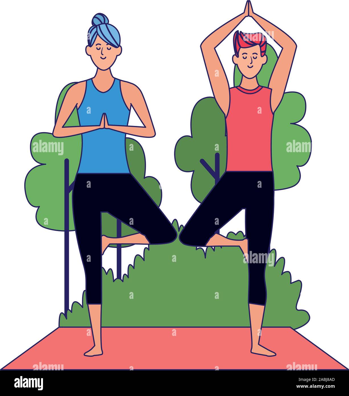 L'homme et la femme pratiquant le yoga à l'extérieur Illustration de Vecteur