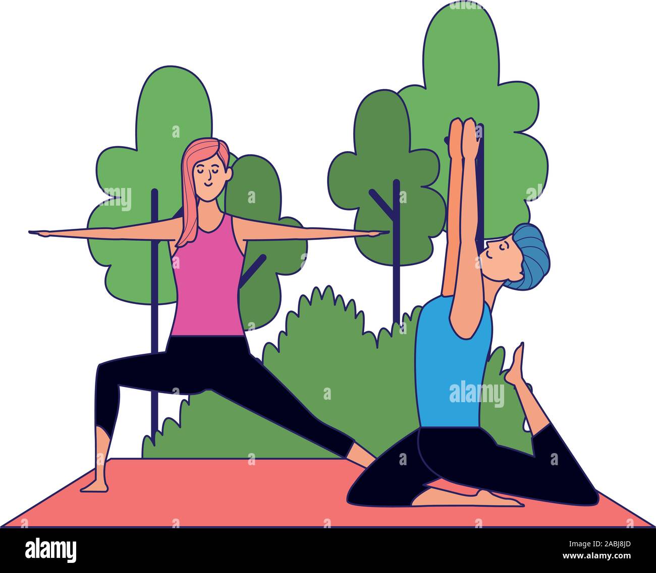 Young man and woman practicing yoga à l'extérieur Illustration de Vecteur
