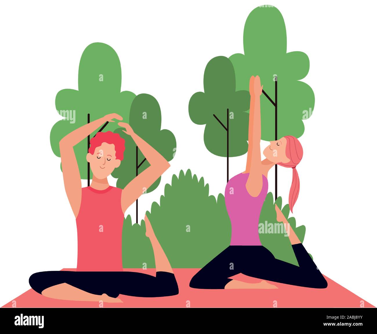 La femme et l'homme pratiquant le yoga pose à l'extérieur Illustration de Vecteur