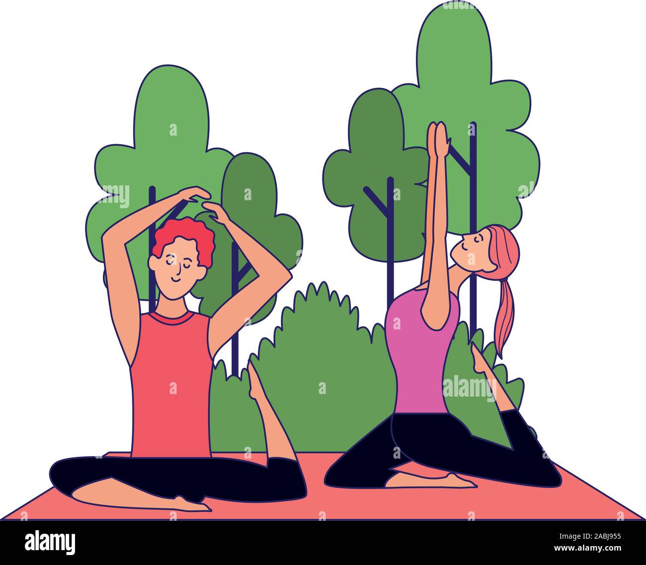 La femme et l'homme pratiquant le yoga pose à l'extérieur Illustration de Vecteur