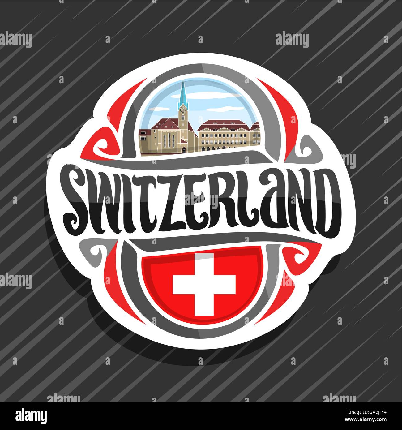 Logo Vector pour la Suisse, pays aimant frigo avec drapeau suisse, brosse d'origine suisse et de caractères pour mot symbole national suisse - Fraumunst Illustration de Vecteur