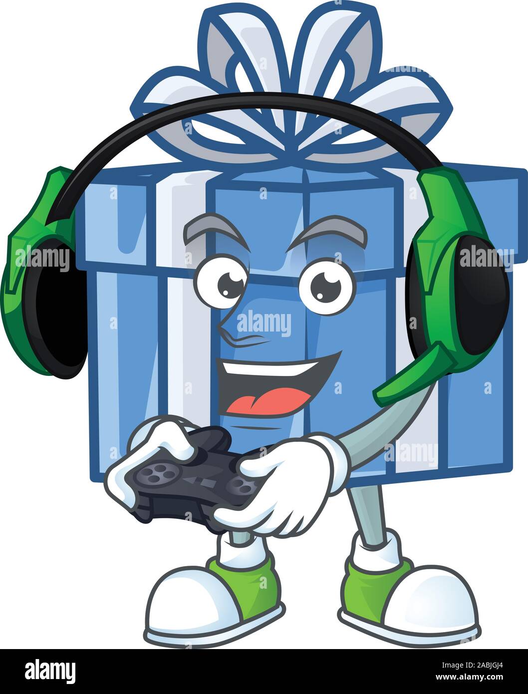 Boîte cadeau bleu joueur personnage avec casque et contrôleur Illustration de Vecteur