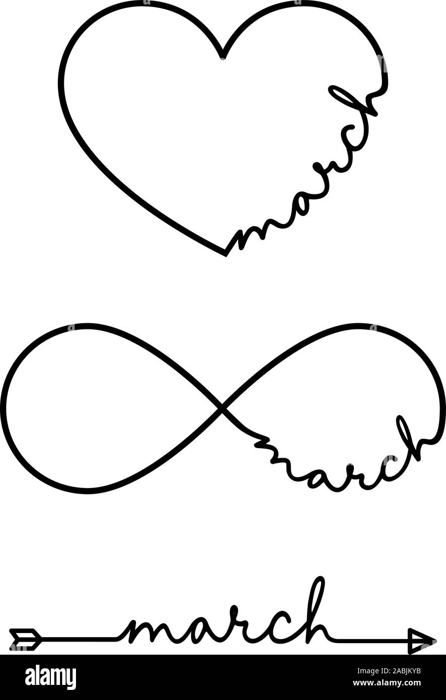 Mars - mot avec symbole de l'infini, dessinés à la main, cœur, une flèche noire ligne. Le dessin minimaliste de phrase illustration Illustration de Vecteur