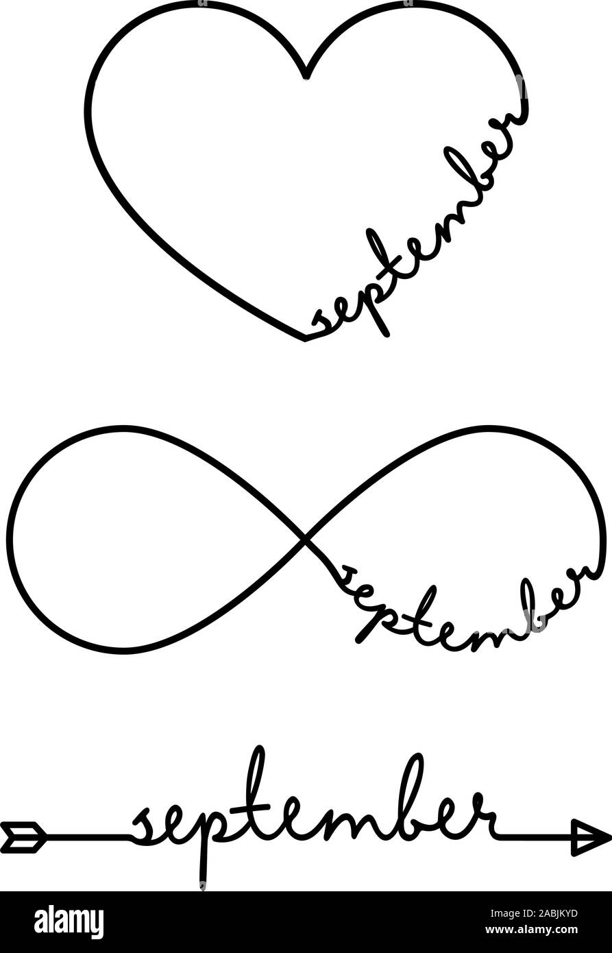 Septembre - mot avec symbole de l'infini, dessinés à la main, cœur, une flèche noire ligne. Le dessin minimaliste de phrase illustration Illustration de Vecteur