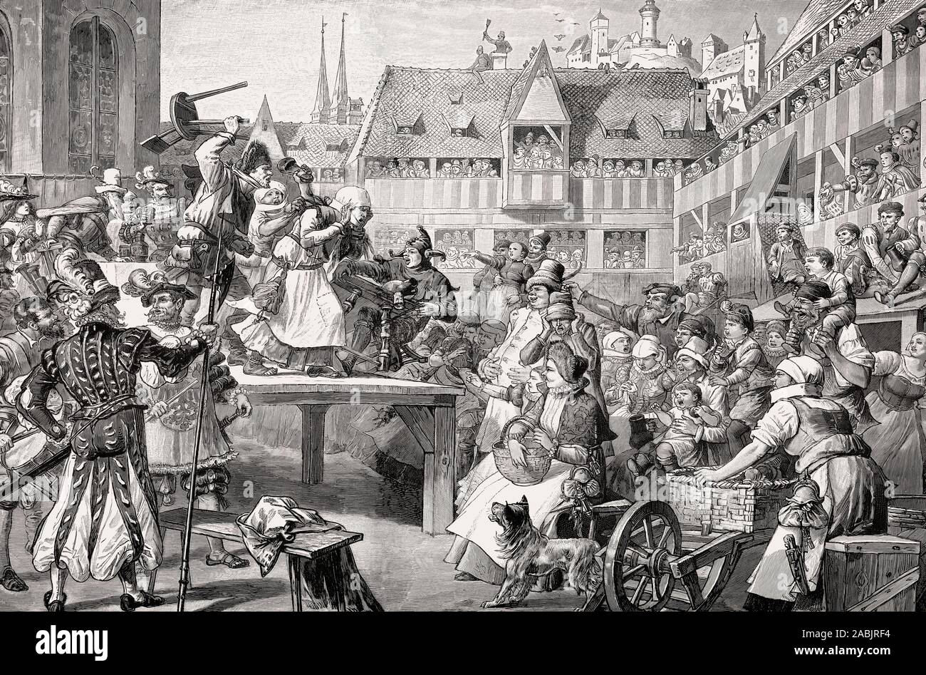 Performance d'une parodie de carnaval par Hans Sachs, Heilsbronner Hof, Nuremberg, Allemagne, Europe, 16e siècle Banque D'Images