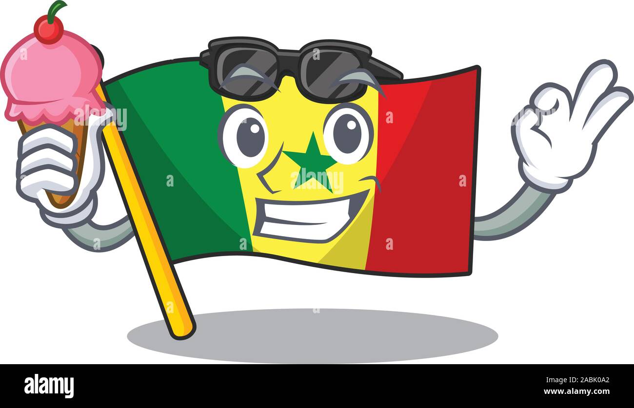 Cartoon Mascot dispose d''un drapeau Sénégal avec la crème glacée Illustration de Vecteur