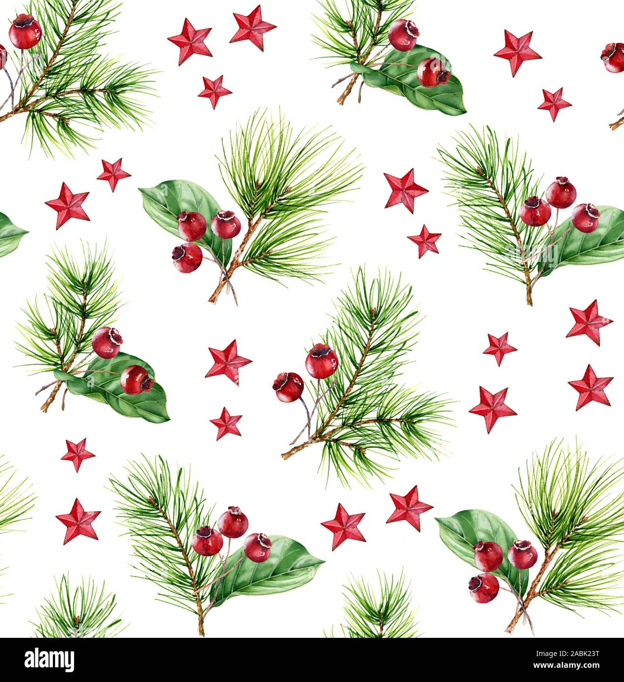 Aquarelle de Noël motif transparent. Illustration peinte à la main avec des arbres de pin, fruits rouges et star de la décoration. Arrière-plan de l'accueil des vacances d'hiver Banque D'Images