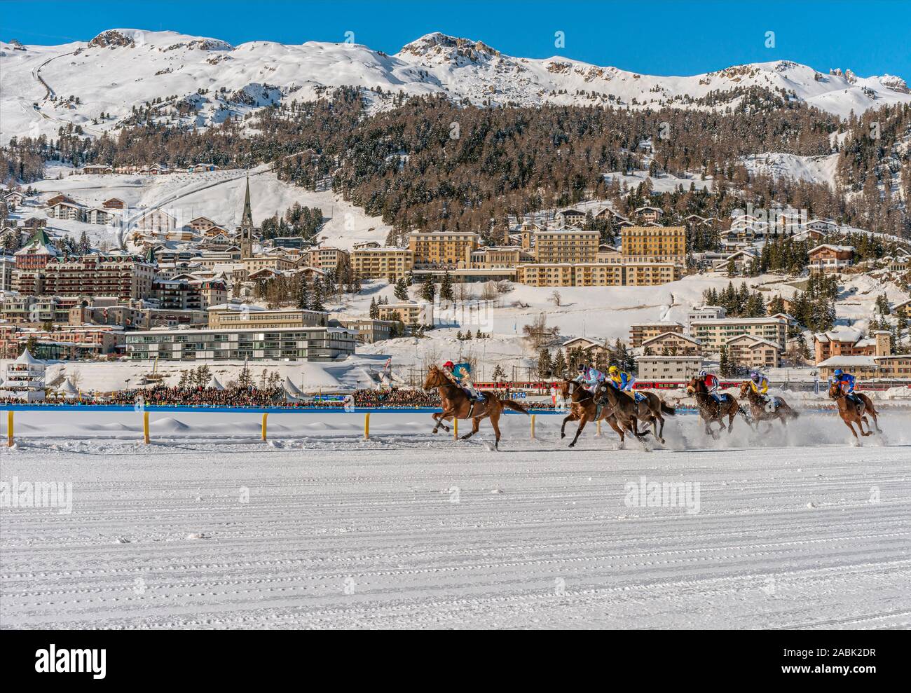 White Turf course de chevaux en face de St.Moritz dorf, Suisse Banque D'Images