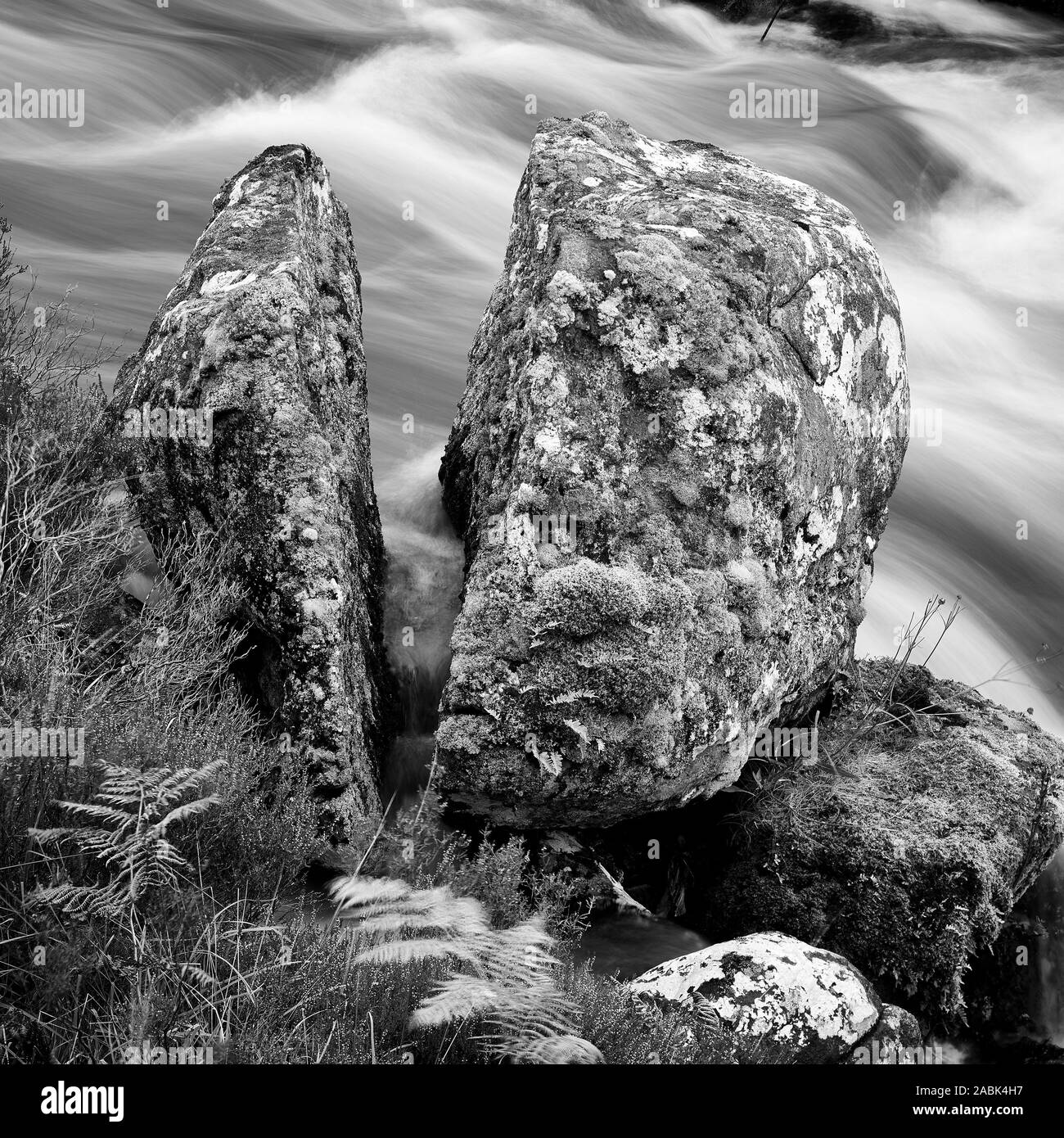 Le Inverianvie Split boulder de Gruinard Bay, rivière, Wester Ross, Highland, en Écosse. Le noir et blanc Banque D'Images