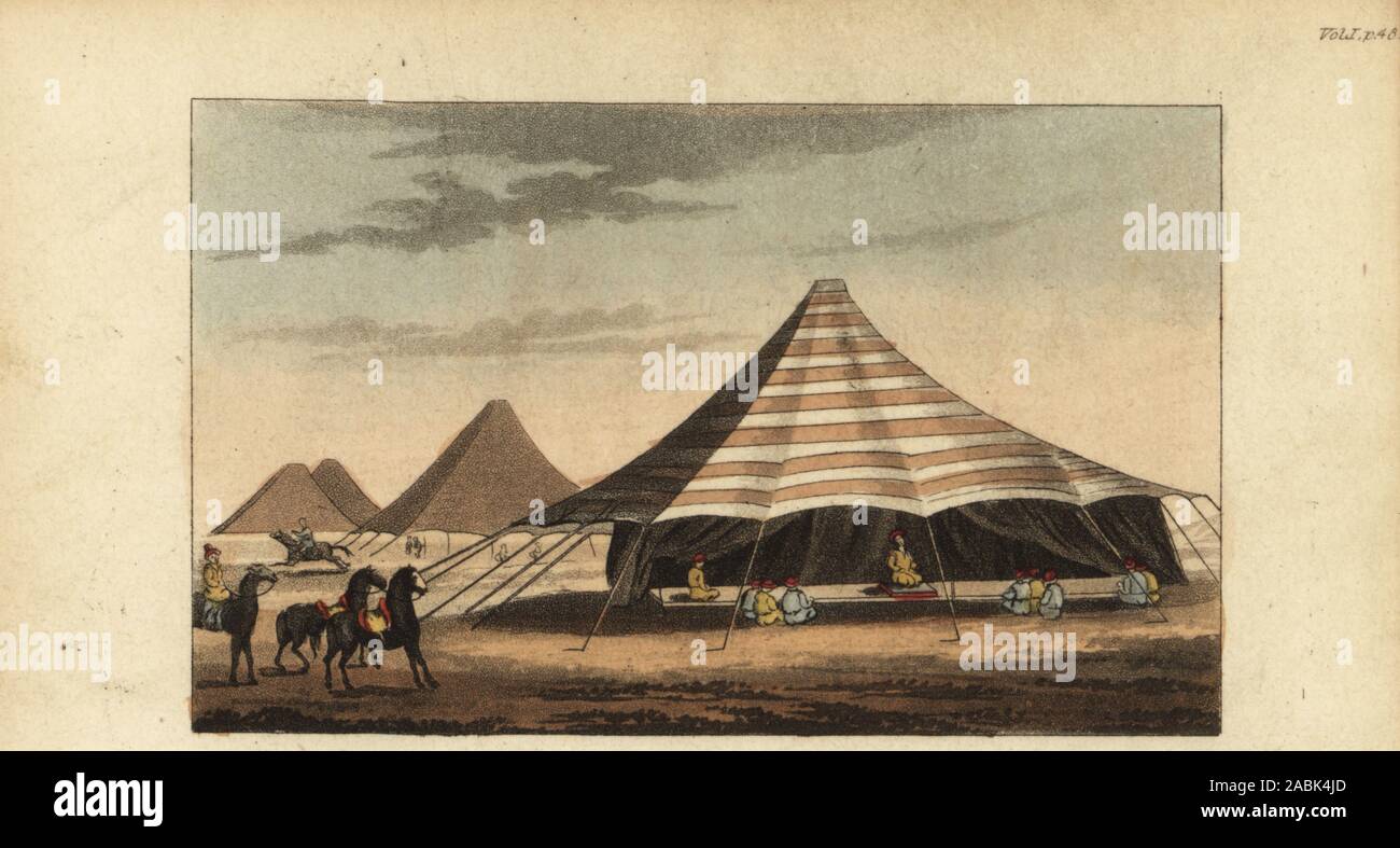 Campement ou douar d'une tribu nomade, Sénégambie Islamique, 18e siècle.  Les tentes sont en tissus de poil de chameau. Un camp ou Adouar mauresque,  avec la tente d'un chef. Après René Claude