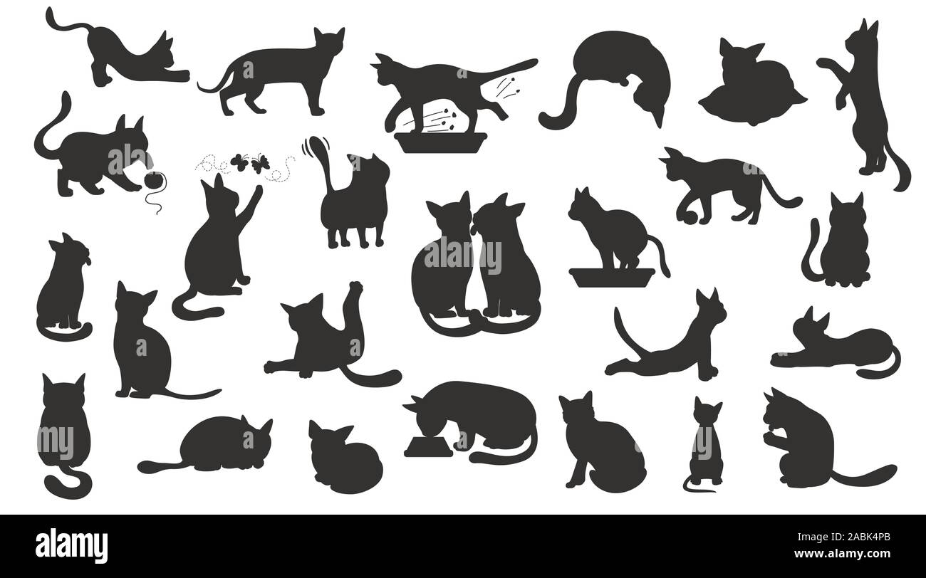 Cartoon chat silhouettes collection caractère. Cat's différentes poses, le yoga et les émotions. Black style design. Vector illustration Illustration de Vecteur