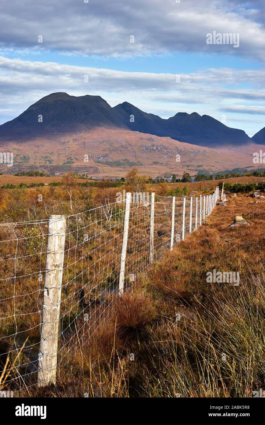 Deer clôture pour protéger la régénération naturelle des arbres indigènes, Torridon, Wester Ross, Highland, en Écosse. Vue de Beinn Alligin Banque D'Images