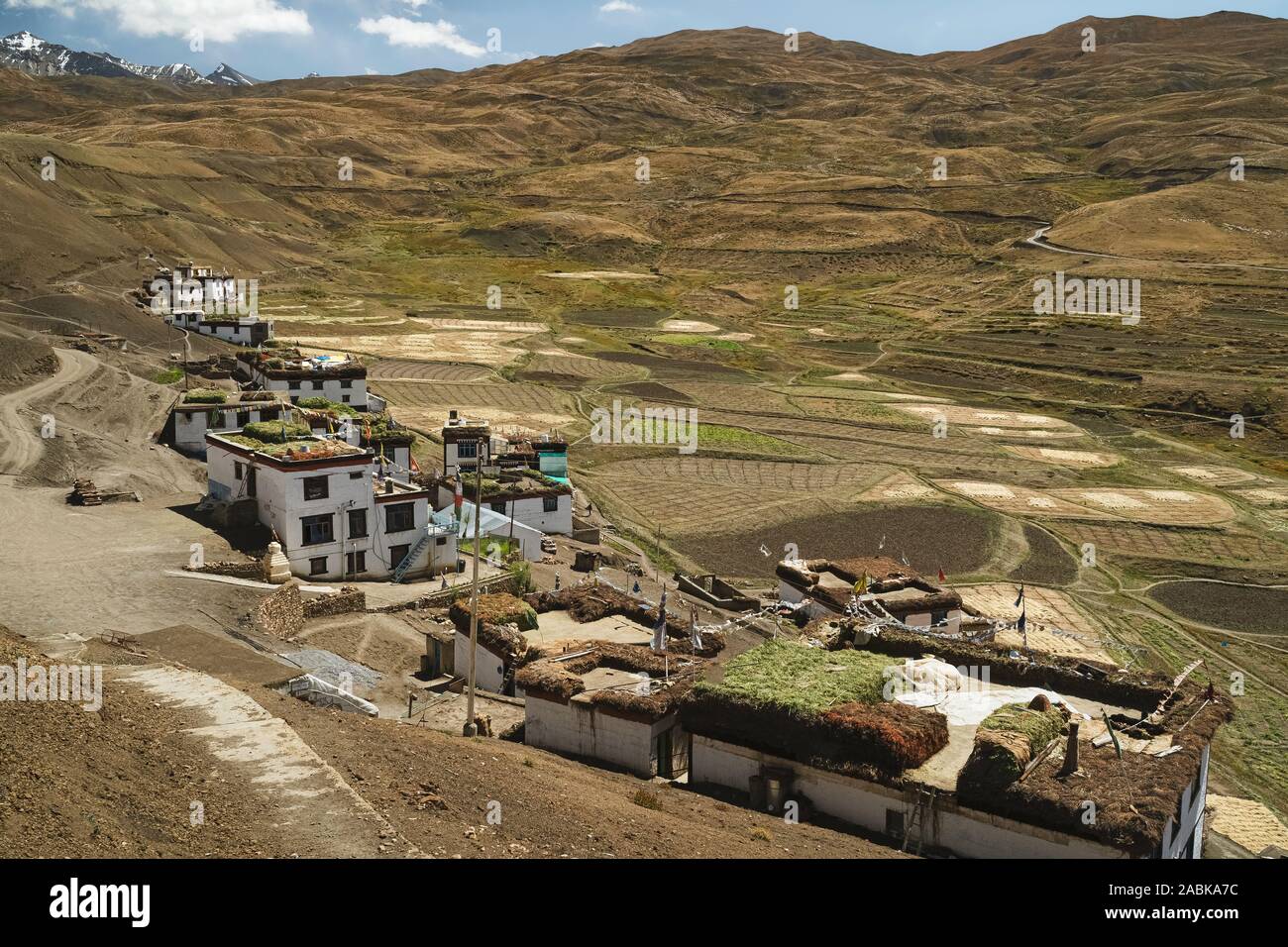 Langza, Himachal Pradesh, Inde. Le village isolé de Langza avec le blé et l'orge et l'alimentation animale sur les toits entourés d'Himalaya dans les Banque D'Images