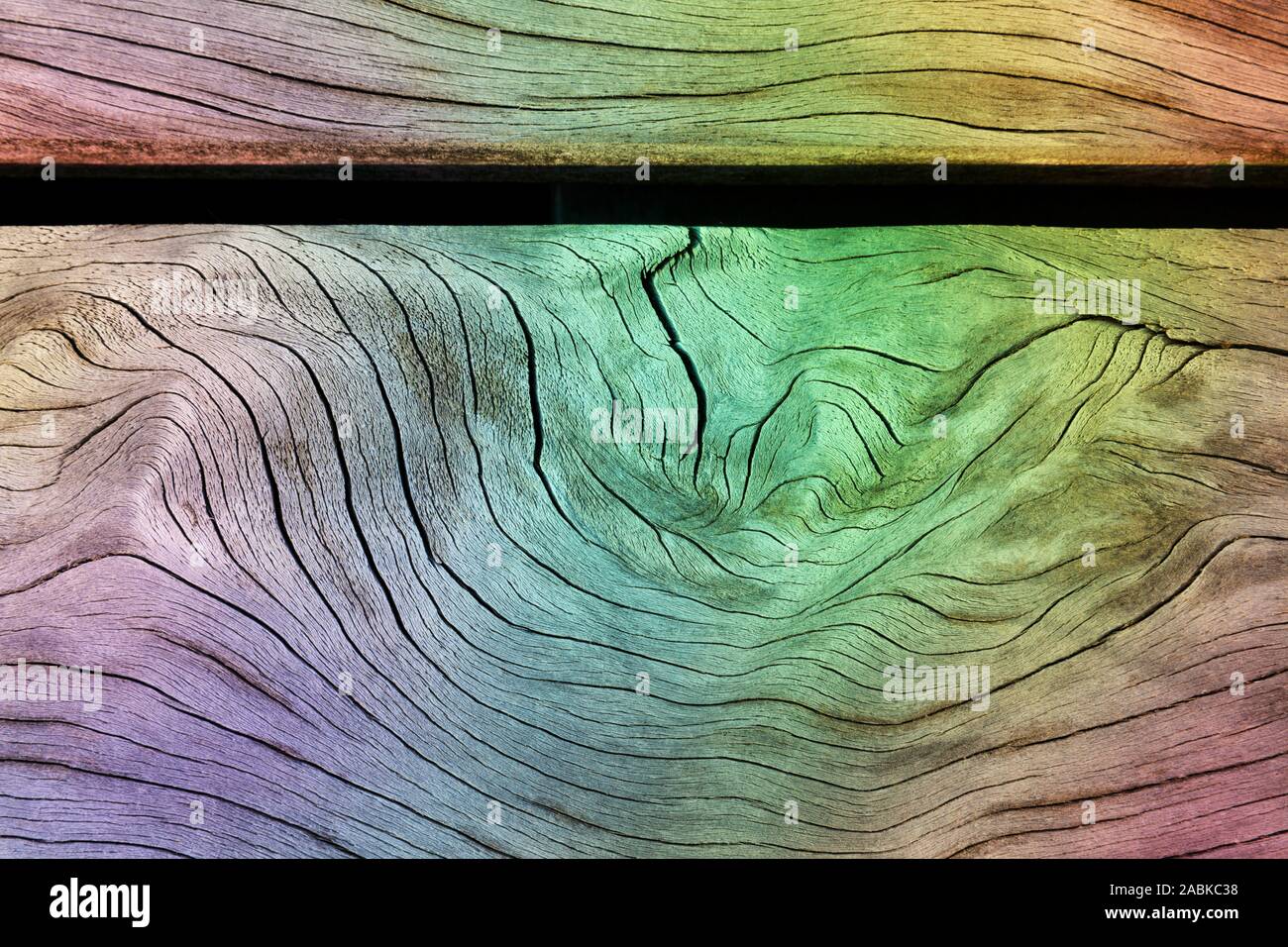 Texture de grain de bois x625 avec un fond effet arc-en-ciel, multicolore pastel, gradient lumineux sur une surface en bois. Patron Cool, clair Banque D'Images