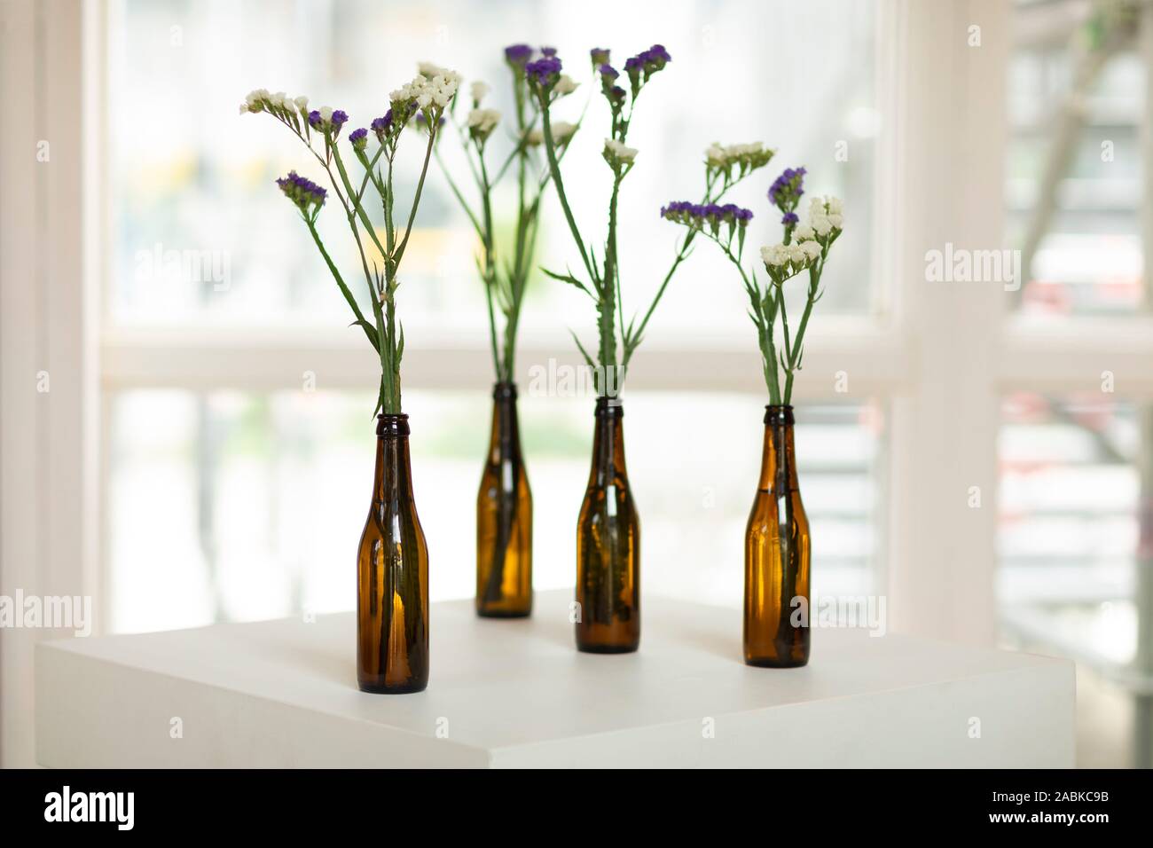 Fleurs violet et blanc dans une bouteille de bière brune sur un tableau blanc et un arrière-plan flou fathersday Banque D'Images
